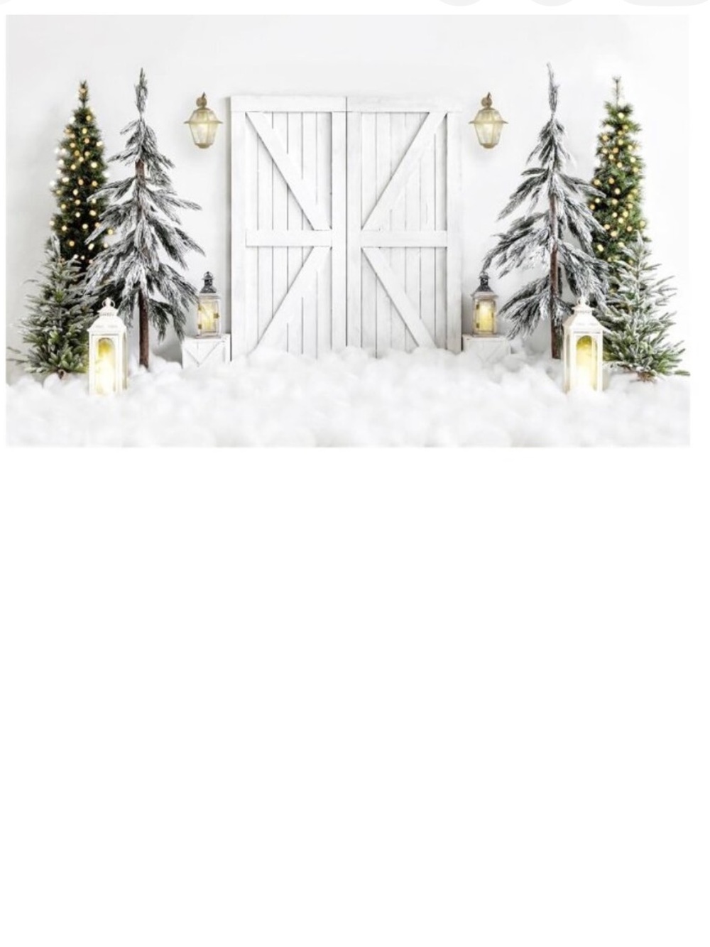 White Barn Door Holiday Backdrop with Snowy Pine Trees
